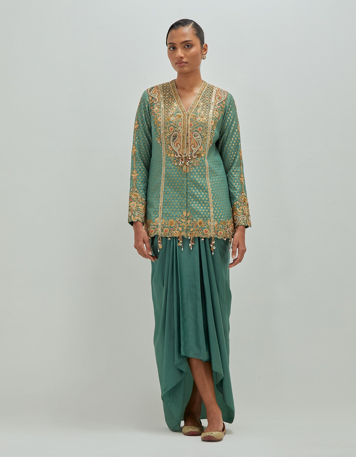 Brocade jacket with draped skirt