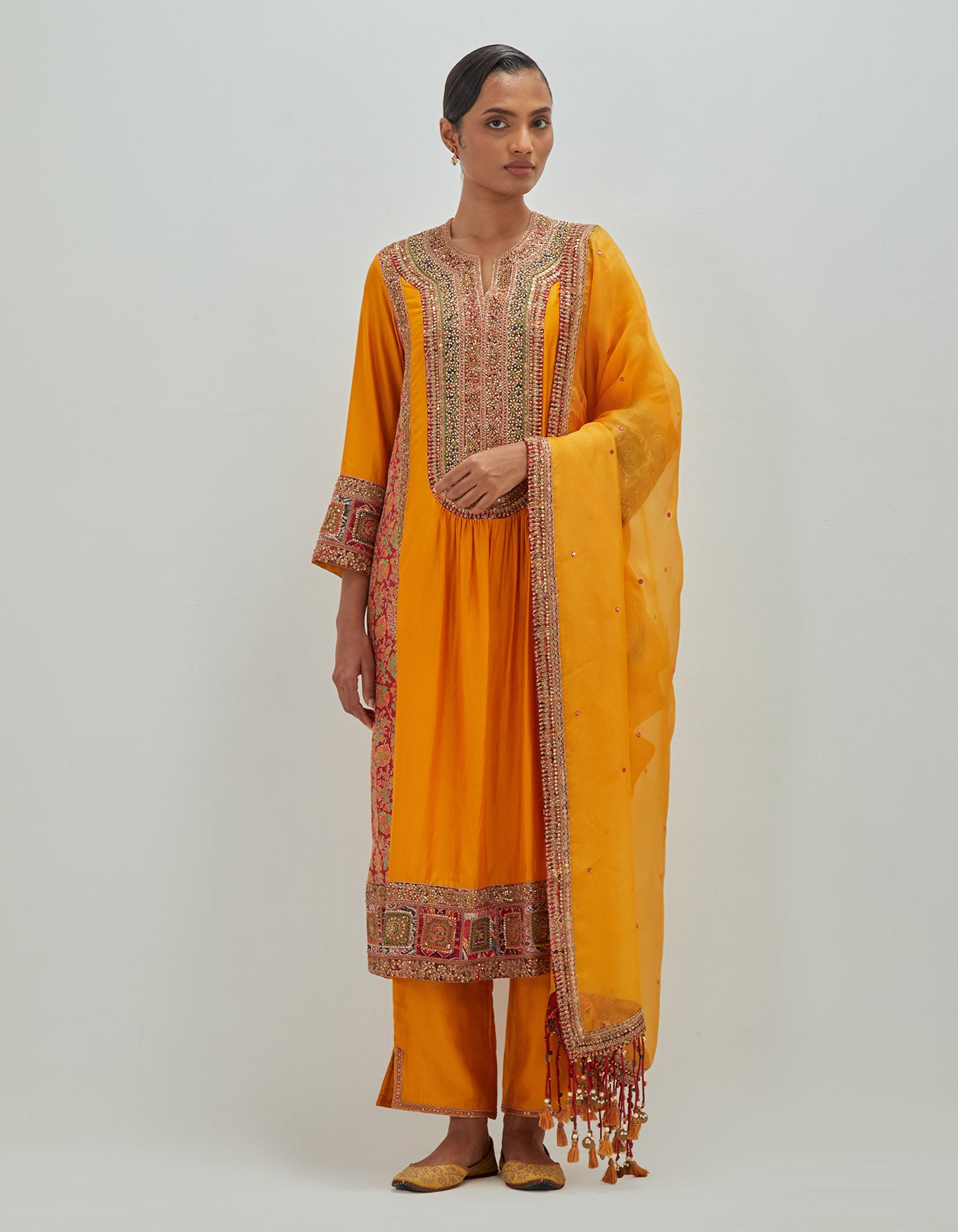 front Gathered Kurta with Pants and Tassel Dupatta