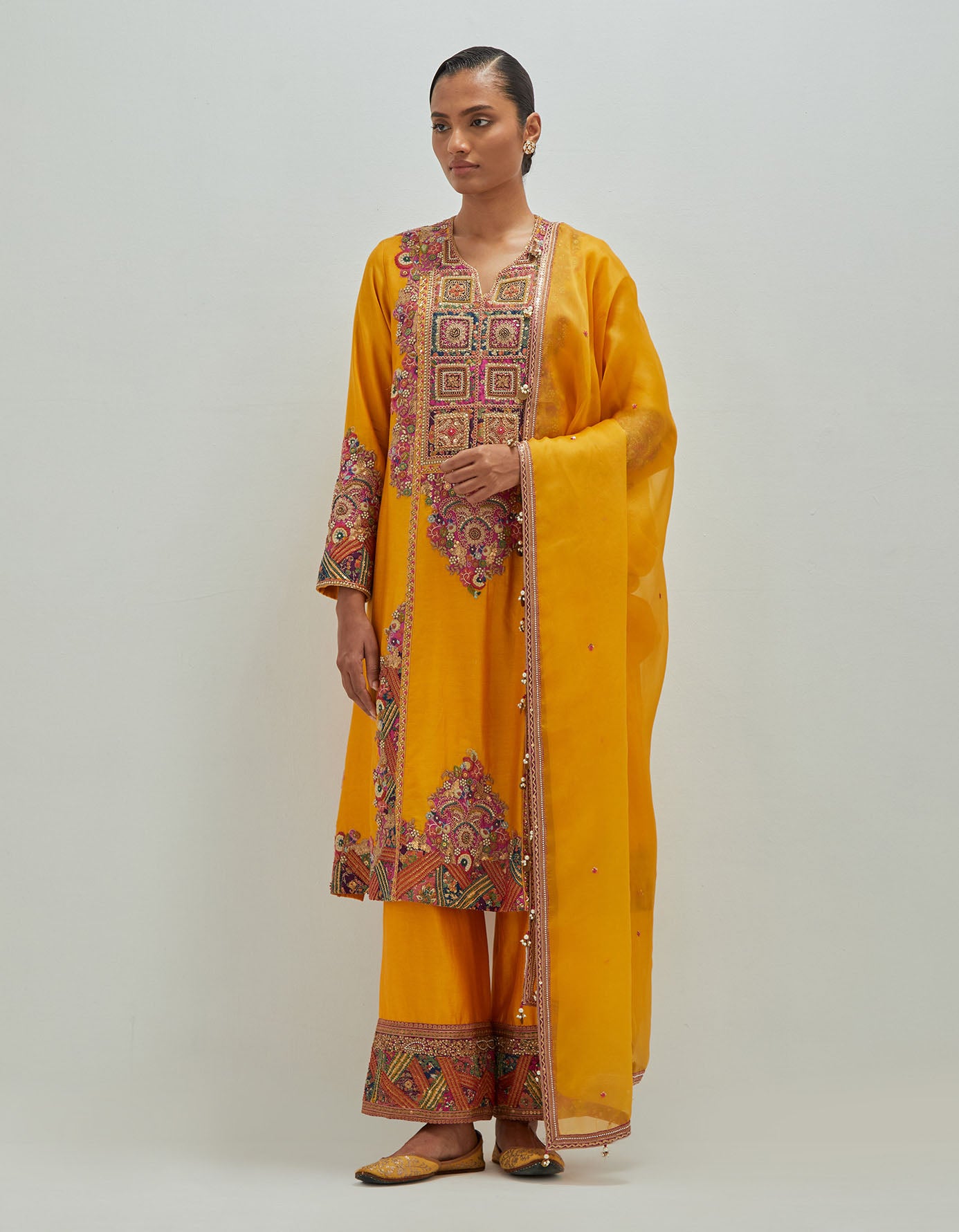 A- Line kitch patchwork kurta with pants and Dupatta