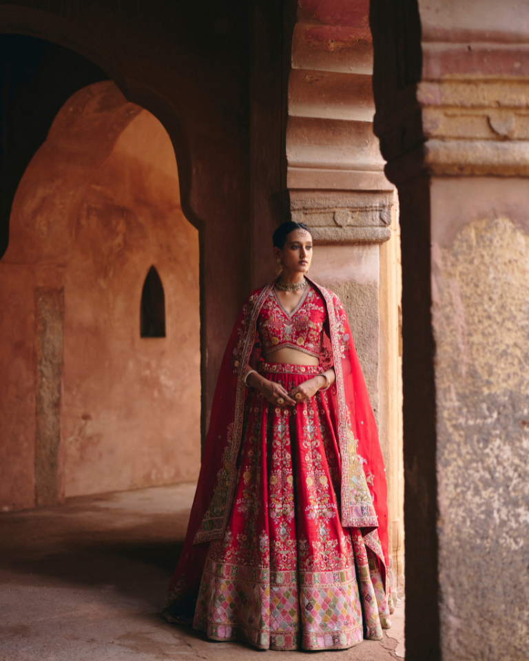 Velvet Patchwork Long Booti Lehenga With Organza Dupatta