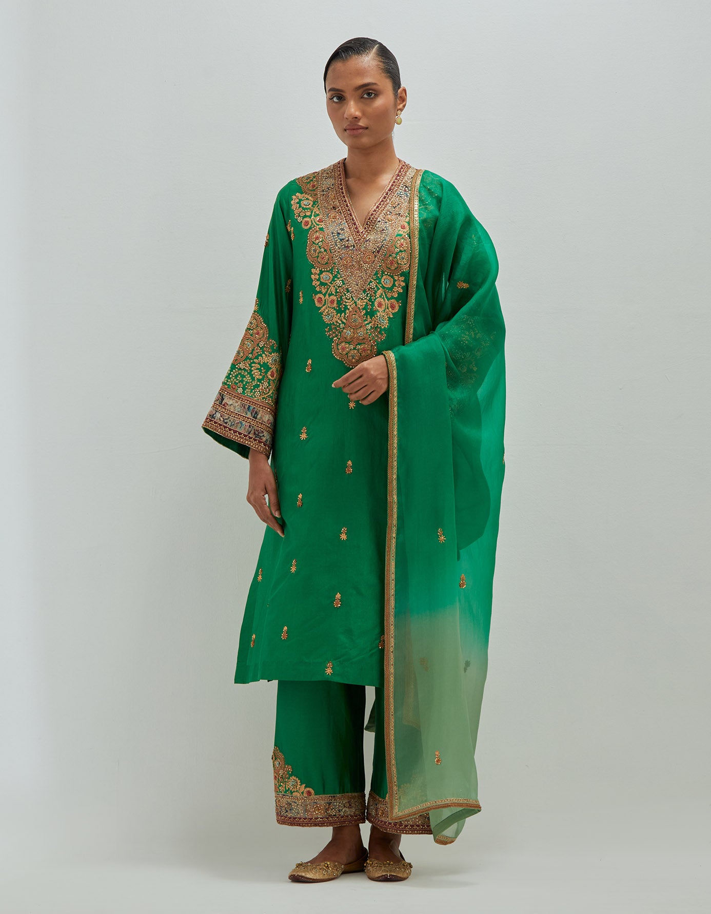Gota emb Booti Straight Kurta with pants and Dupatta