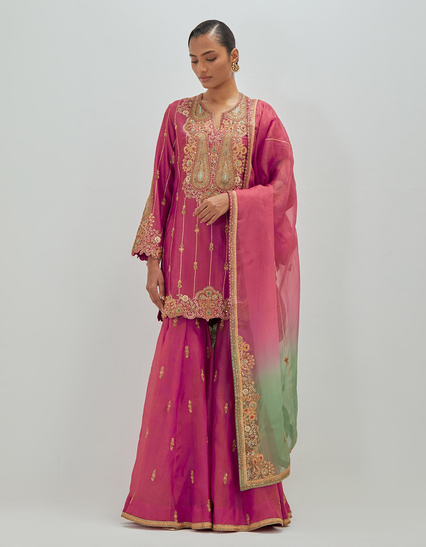Short Kurti With Organza Sharara & Ombre Dupatta