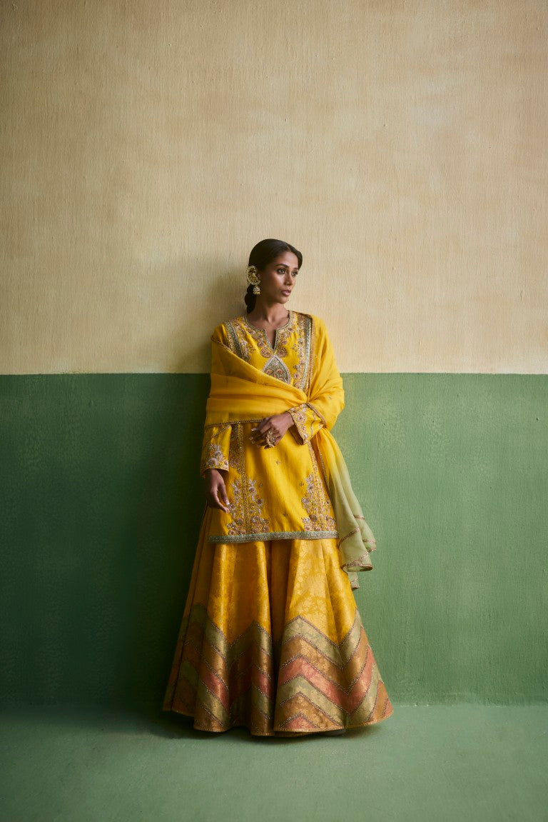 Short Kurti With Chevron Brocade Sharara and dupatta