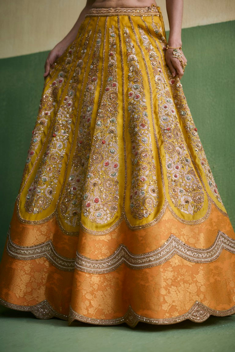 Prachi Booti Brocade Lehenga with yellow dupatta