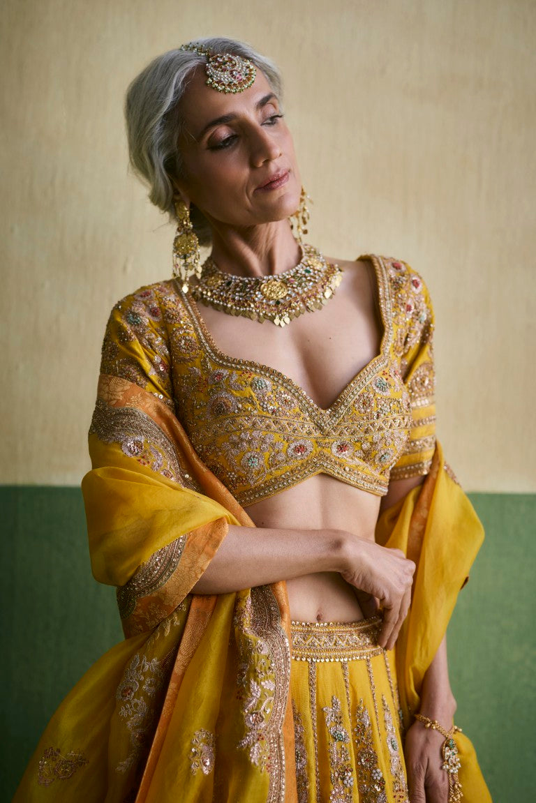 Prachi Booti Brocade Lehenga with yellow dupatta