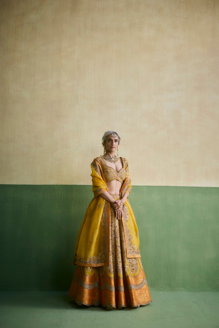 Prachi Booti Brocade Lehenga with yellow dupatta