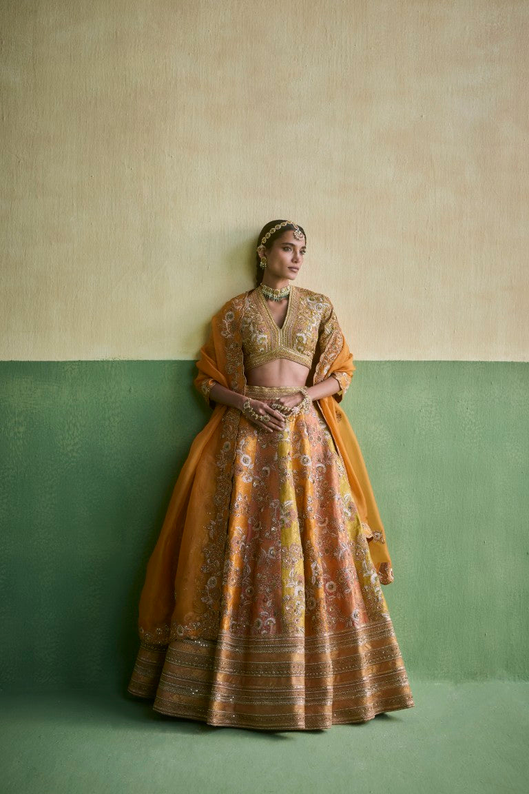 Patchwork Gota Lehenga with orange dupatta