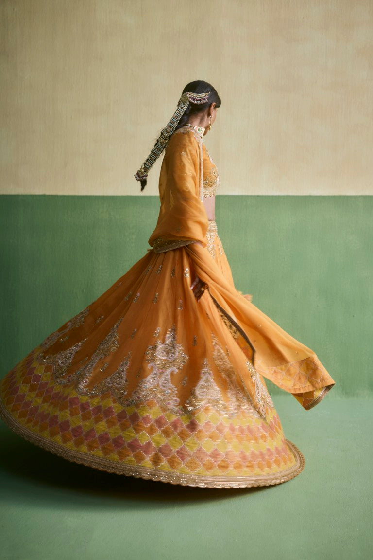 Trellis Patchwork organza Lehenga with yellow dupatta