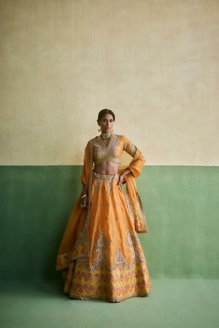 Trellis Patchwork organza Lehenga with yellow dupatta
