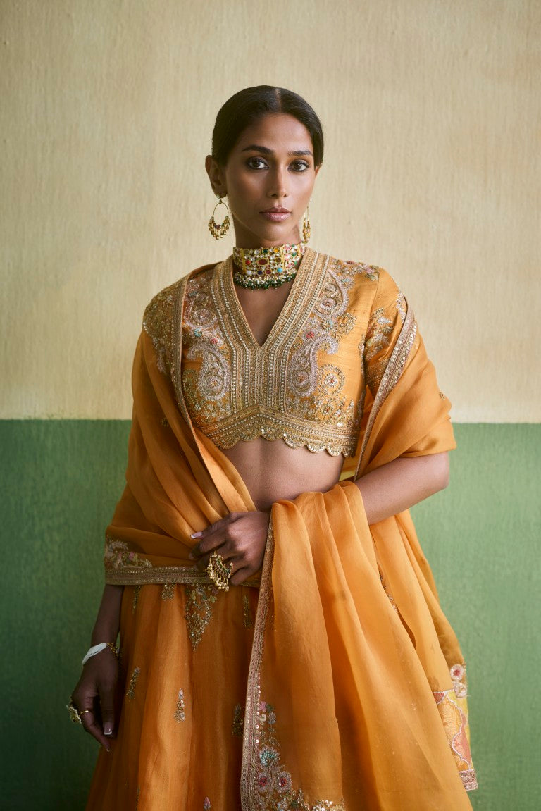 Trellis Patchwork organza Lehenga with yellow dupatta