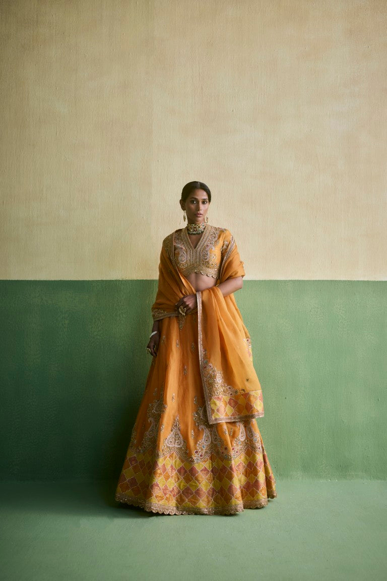 Trellis Patchwork organza Lehenga with yellow dupatta