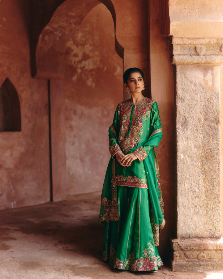 Gulrez Short Kurti With Sharara & Organza Dupatta