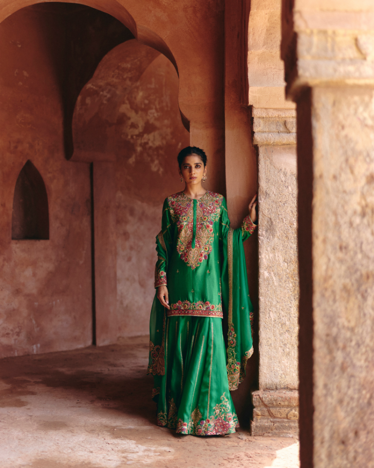 Gulrez Short Kurti With Sharara & Organza Dupatta