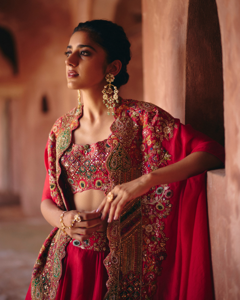 Gulrez Chanderi Blouse With Organza Heavy Cape & Organza Skirt