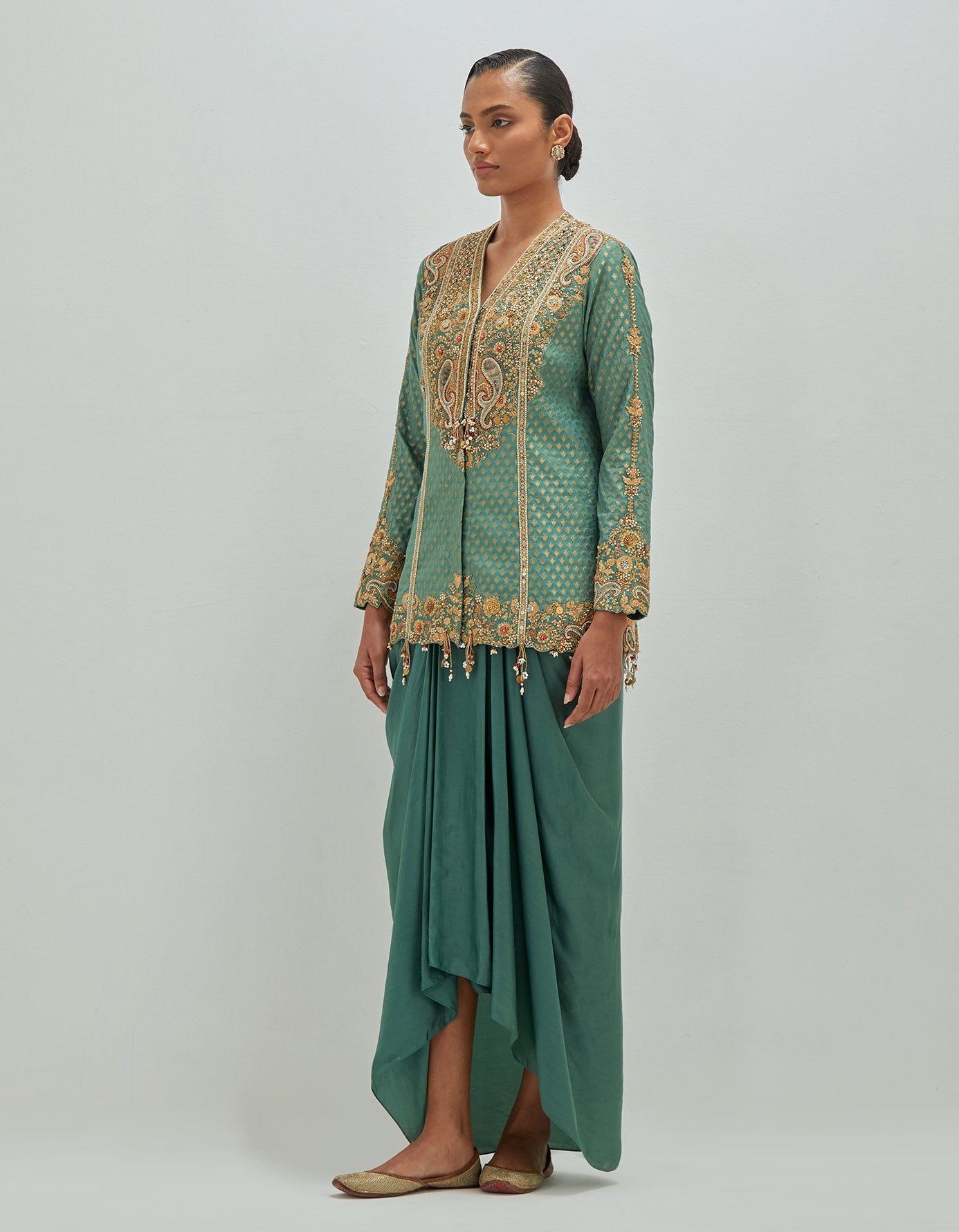 Brocade jacket with draped skirt