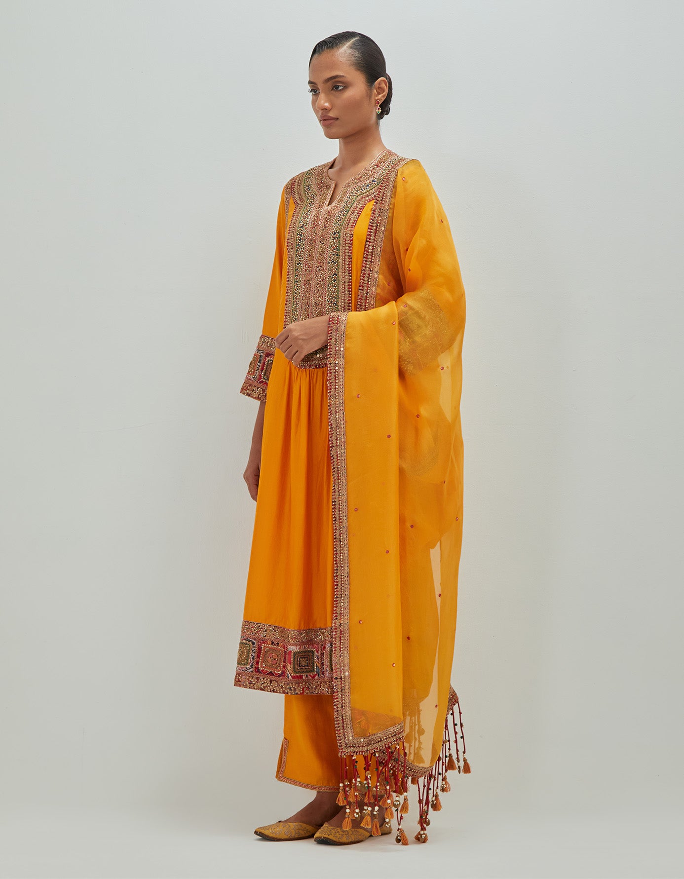 front Gathered Kurta with Pants and Tassel Dupatta