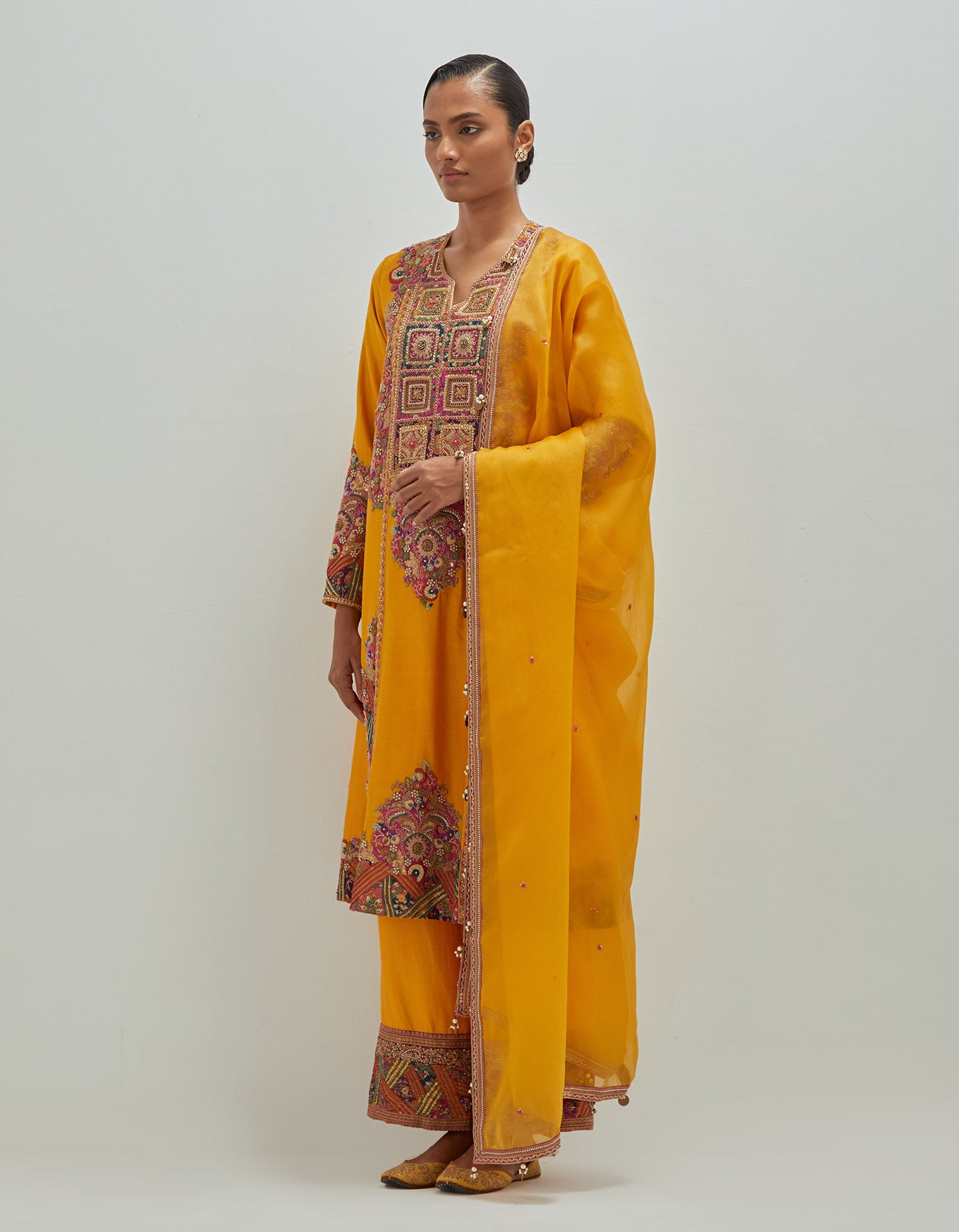 A- Line kitch patchwork kurta with pants and Dupatta