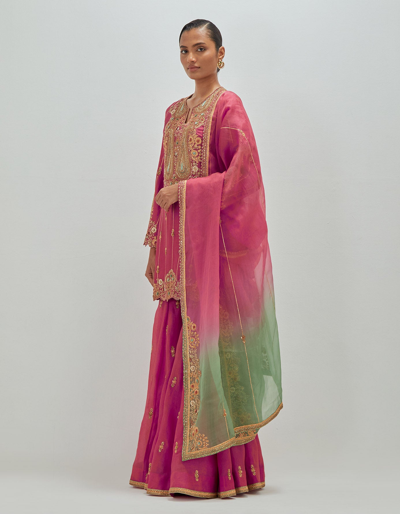 Short Kurti With Organza Sharara & Ombre Dupatta