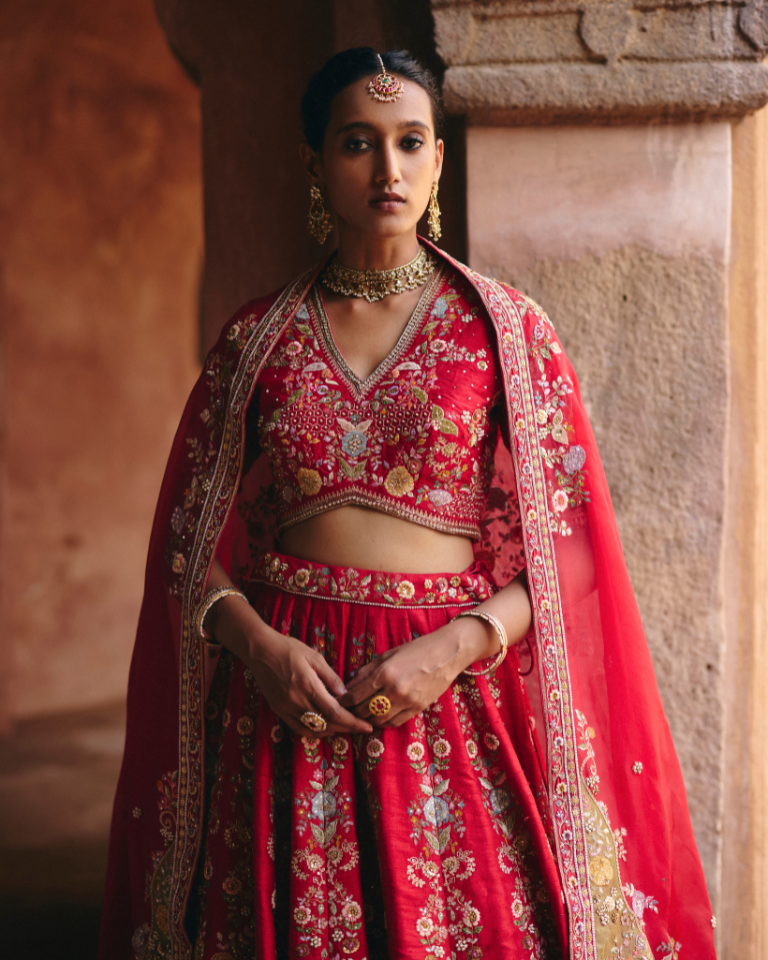 Velvet Patchwork Long Booti Lehenga With Organza Dupatta