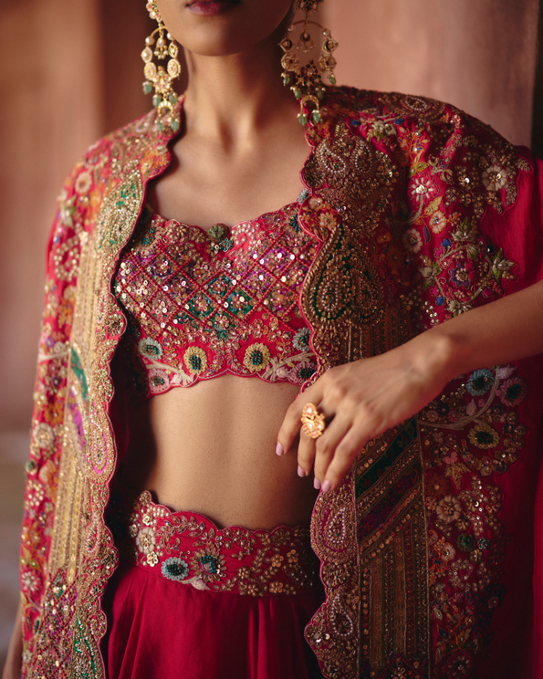 Gulrez Chanderi Blouse With Organza Heavy Cape & Organza Skirt