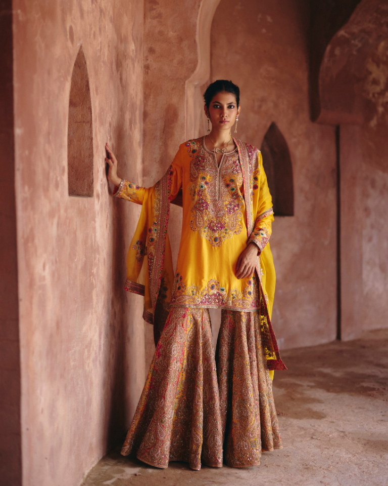 Gulrez Short Kurti With Heavy Embroidered Sharara & Organza Dupatta