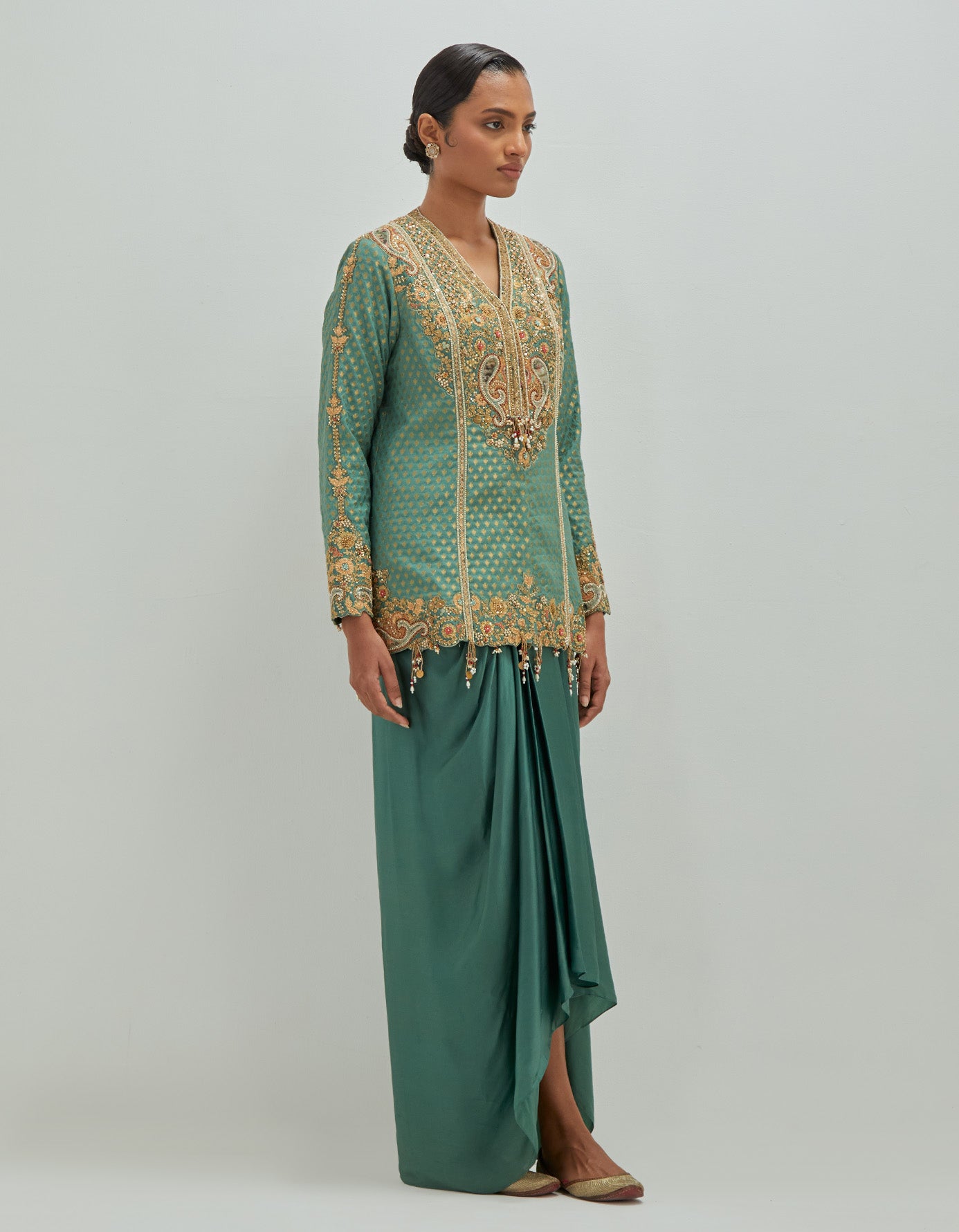Brocade jacket with draped skirt