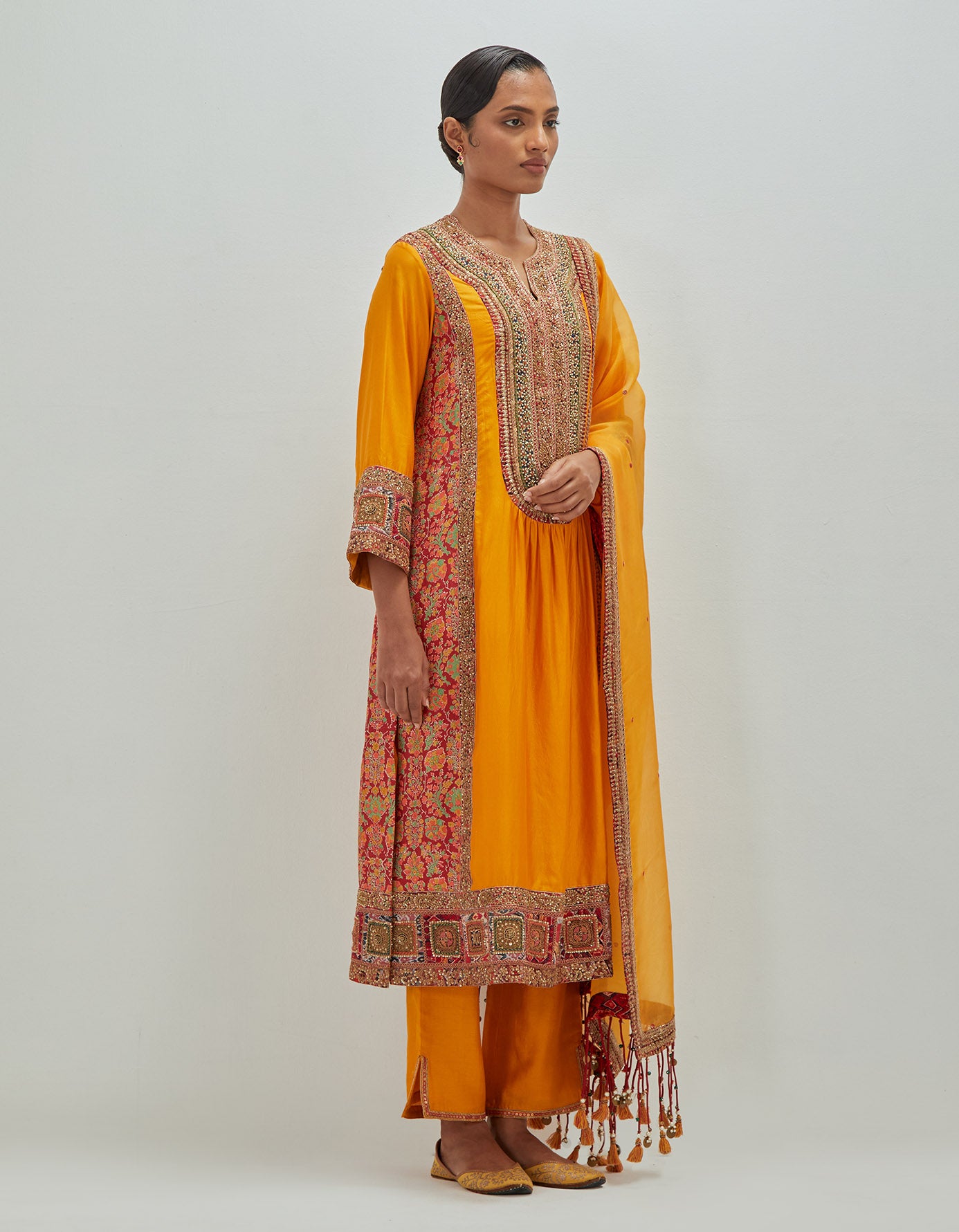front Gathered Kurta with Pants and Tassel Dupatta
