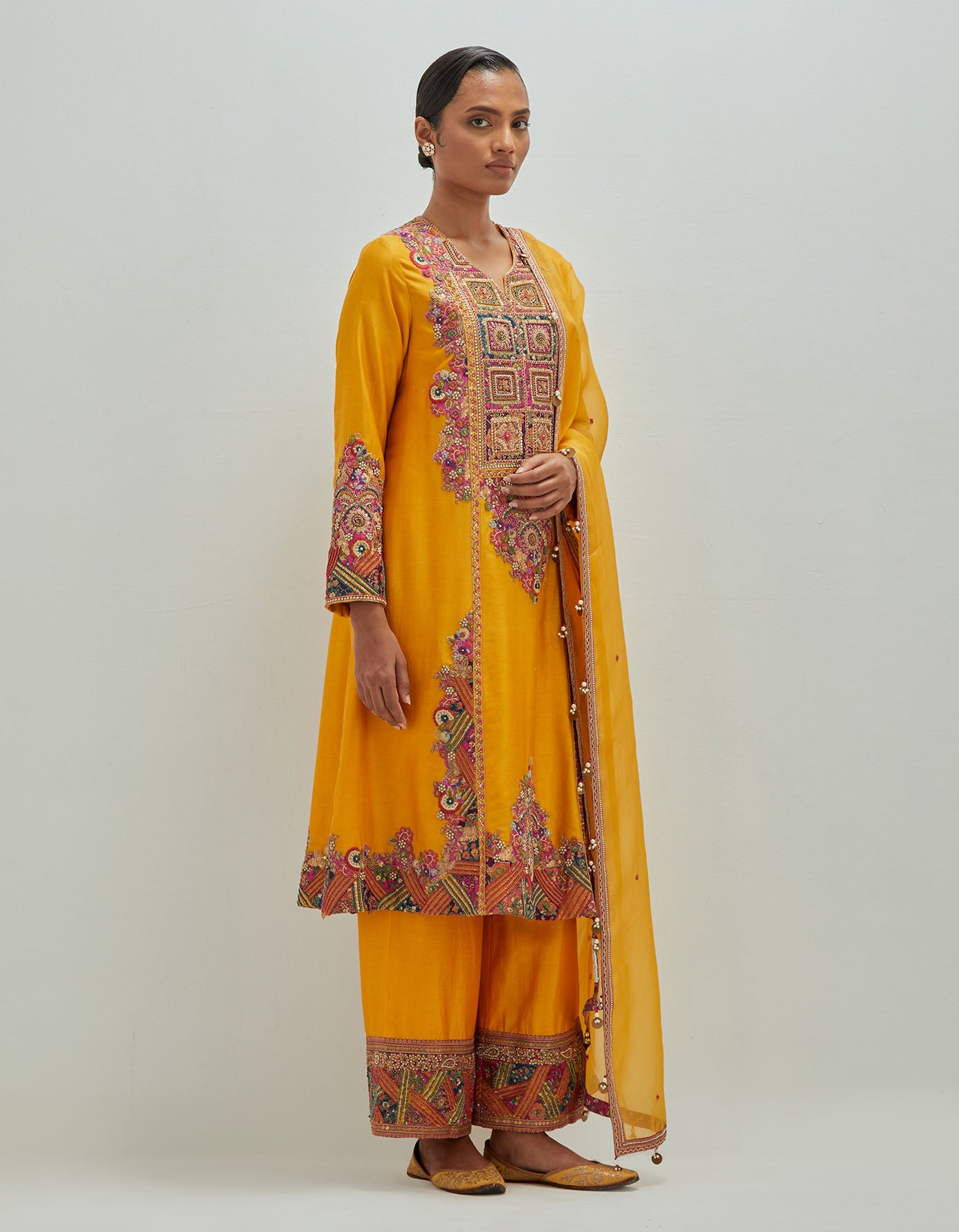 A- Line kitch patchwork kurta with pants and Dupatta
