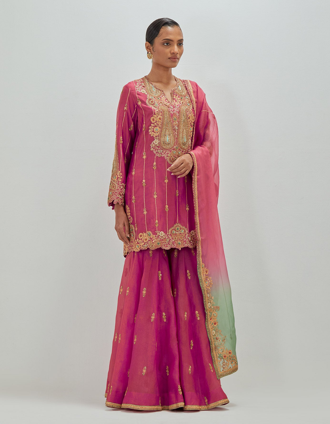 Short Kurti With Organza Sharara & Ombre Dupatta