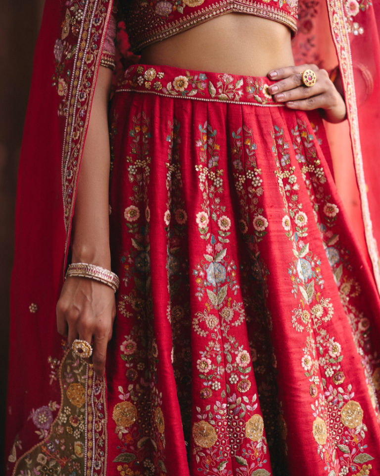 Velvet Patchwork Long Booti Lehenga With Organza Dupatta