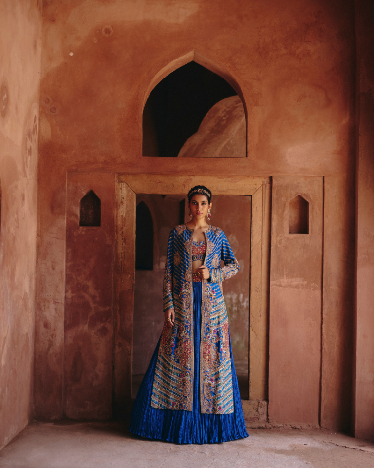 Gulrez Embroidered Jacket With Bustier & Crushed Skirt