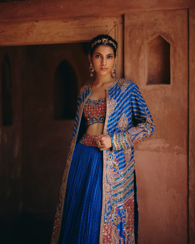 Gulrez Embroidered Jacket With Bustier & Crushed Skirt