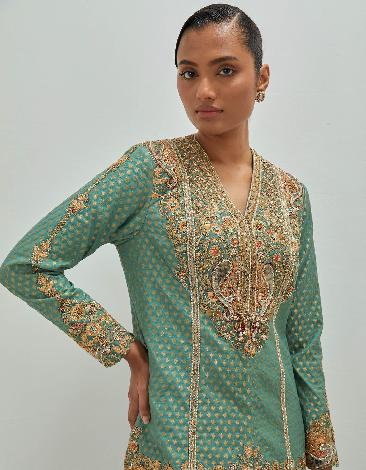 Brocade jacket with draped skirt