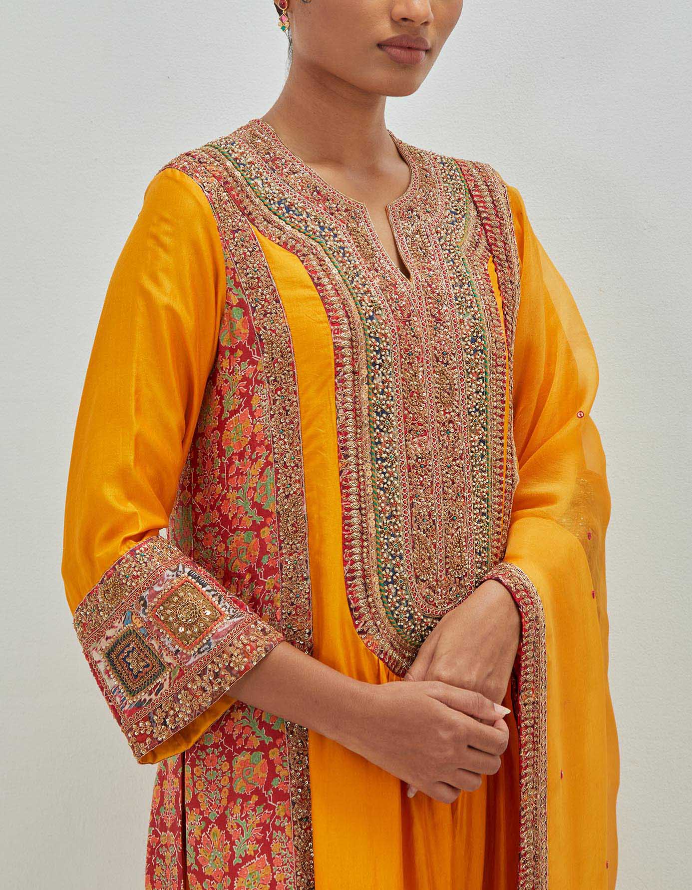 front Gathered Kurta with Pants and Tassel Dupatta