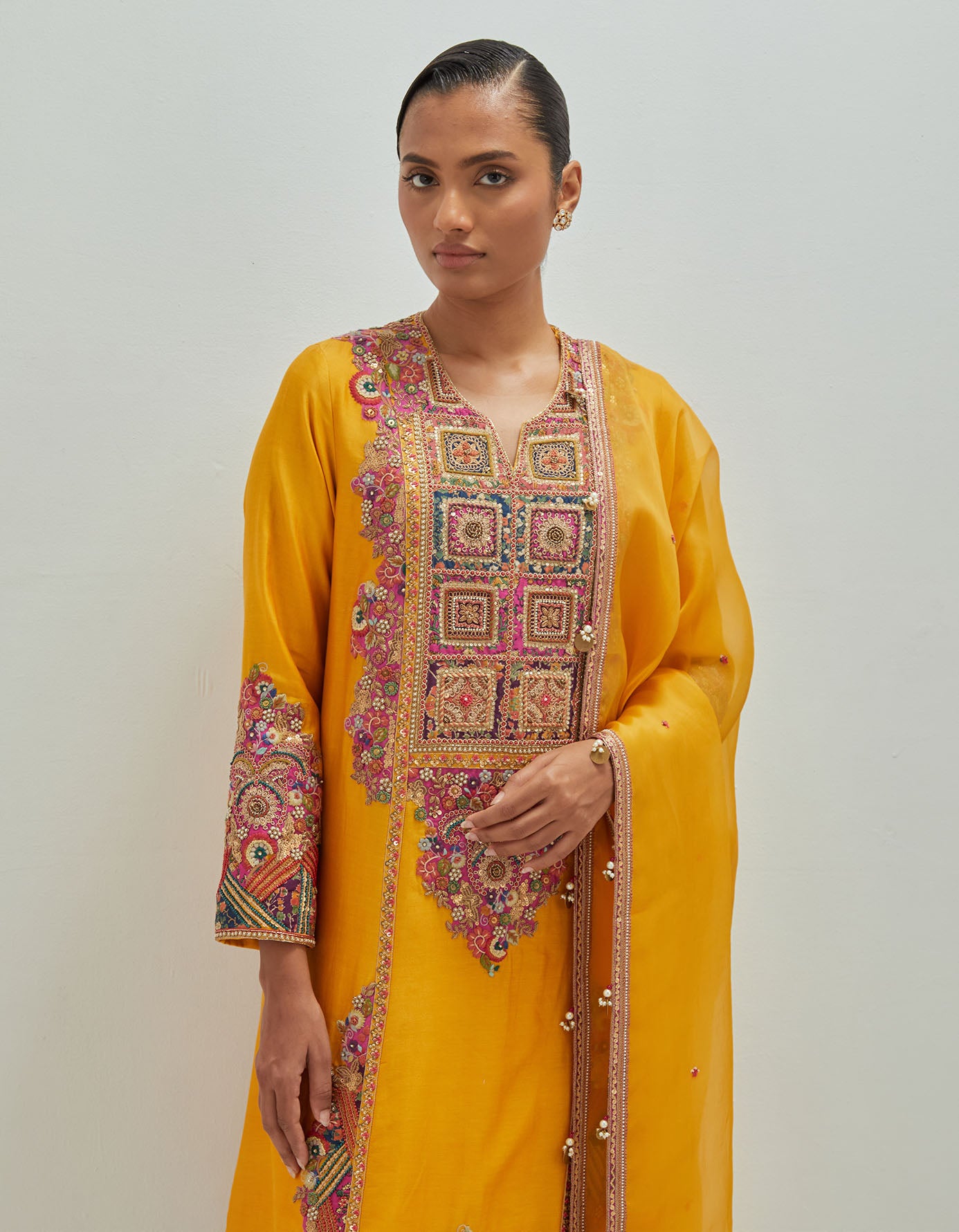 A- Line kitch patchwork kurta with pants and Dupatta