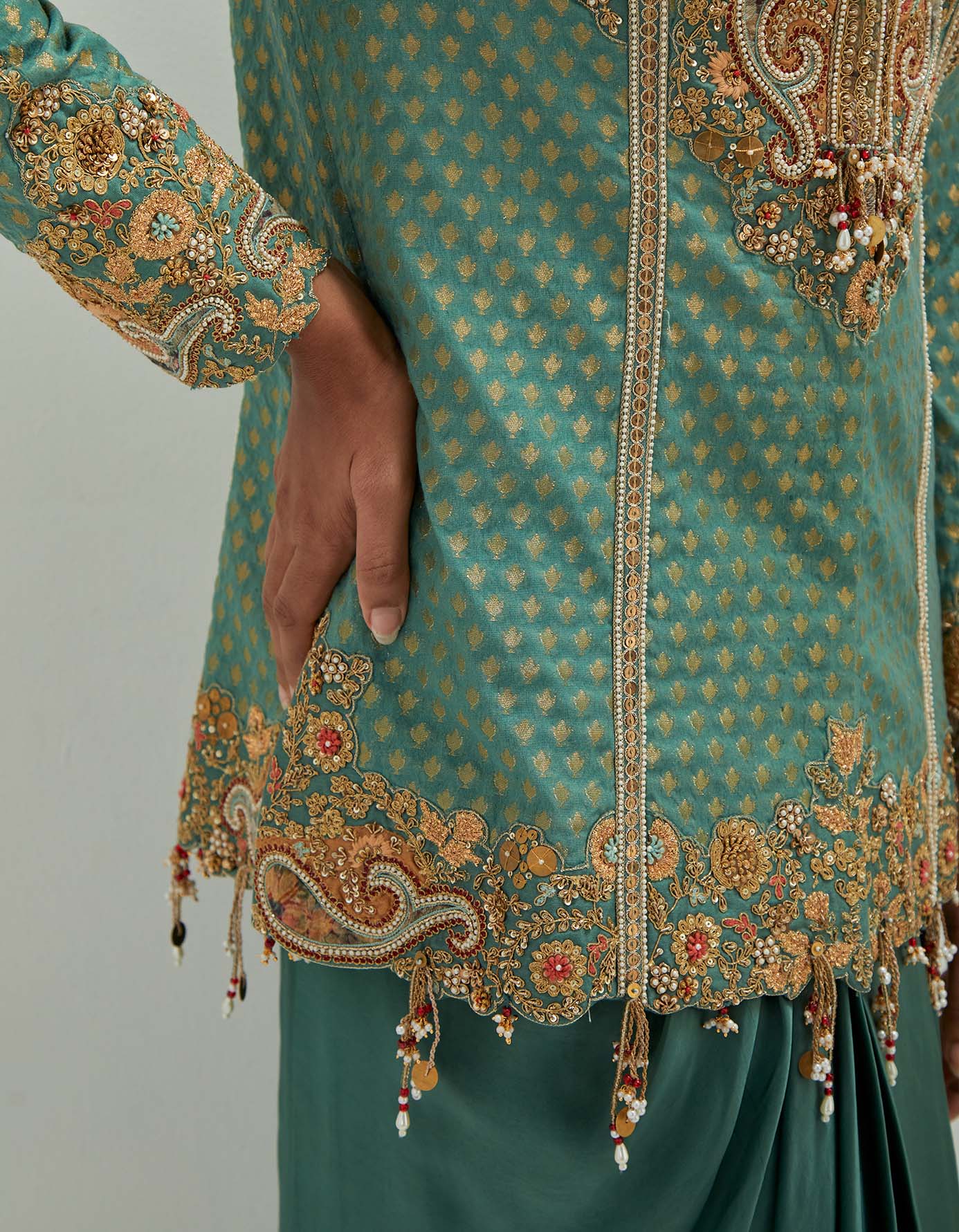 Brocade jacket with draped skirt