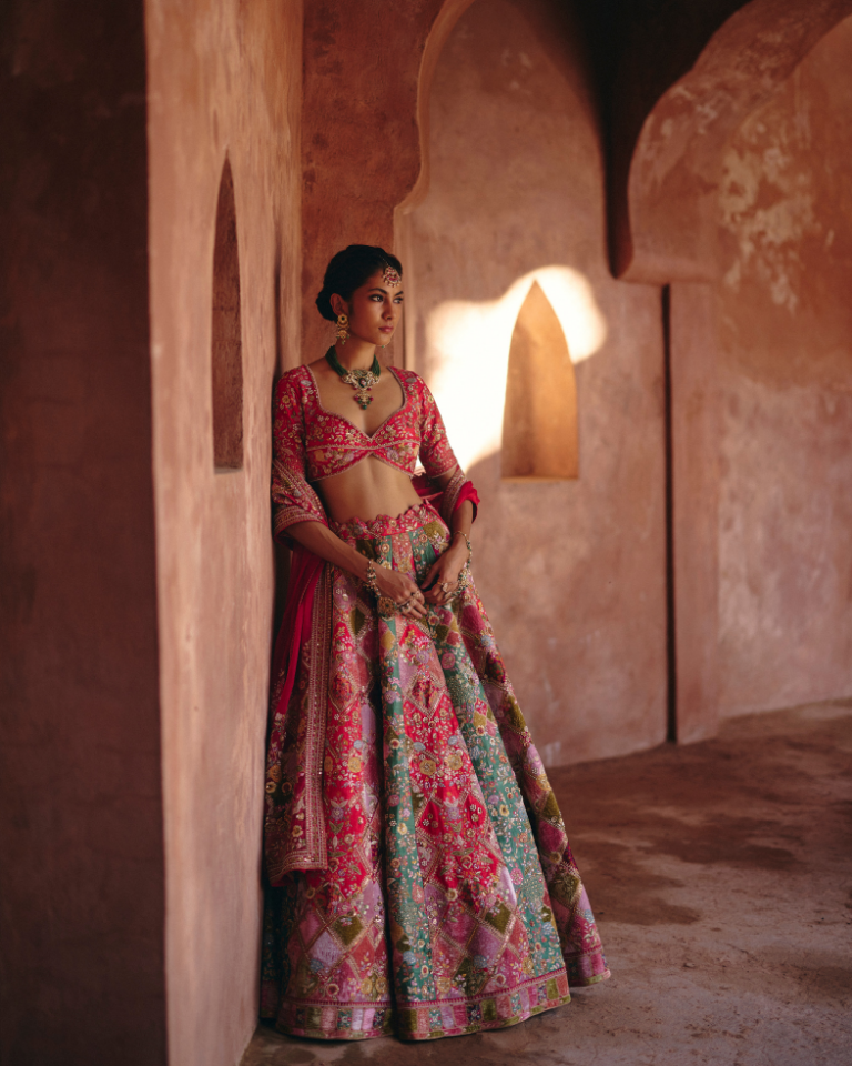 Velvet Patchwork Multi-Coloured Lehenga Set.