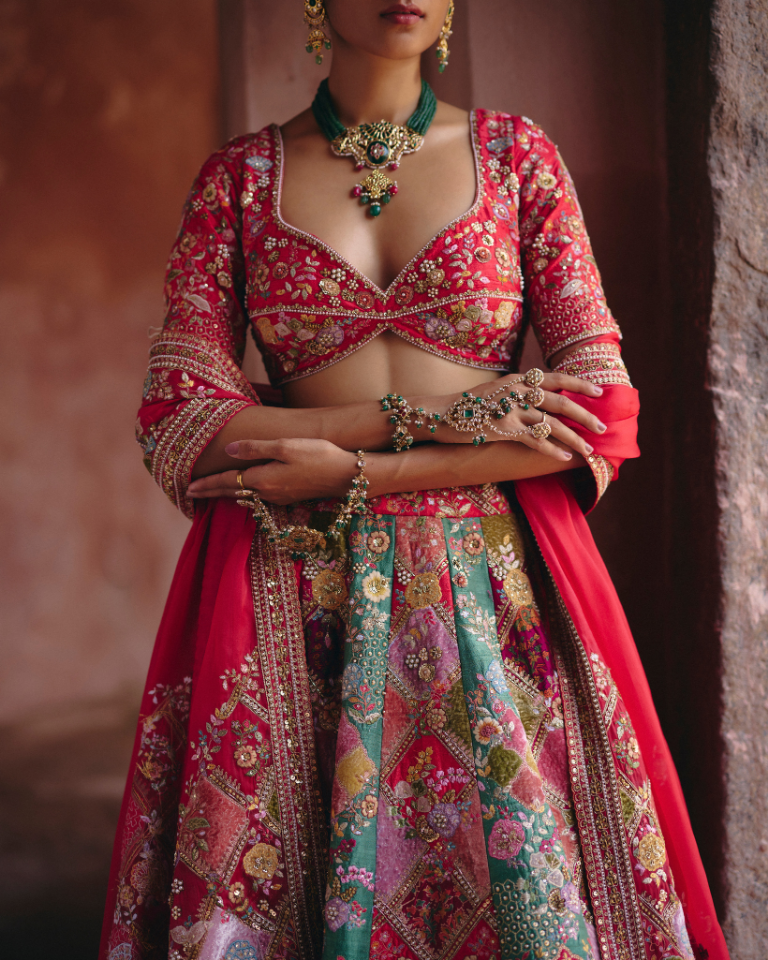 Velvet Patchwork Multi-Coloured Lehenga Set.
