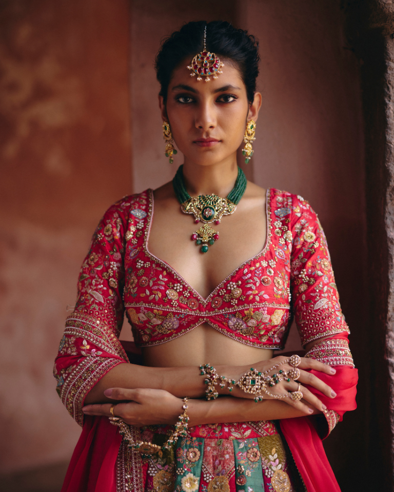 Velvet Patchwork Multi-Coloured Lehenga Set.