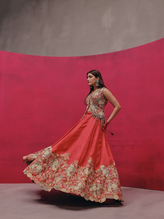 White Embroidery Jacket with lehenga
