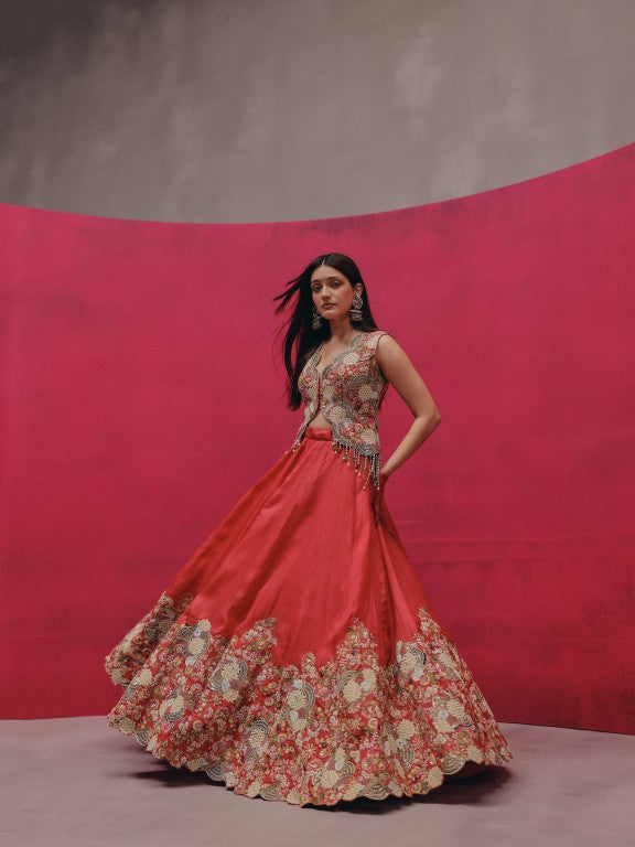 White Embroidery Jacket with lehenga