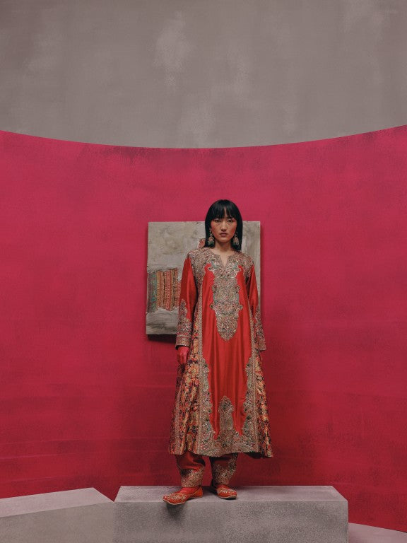 Red Ikat Brocade Side Panel Kurta