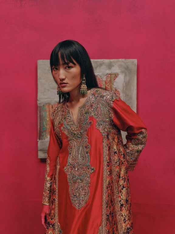 Red Ikat Brocade Side Panel Kurta