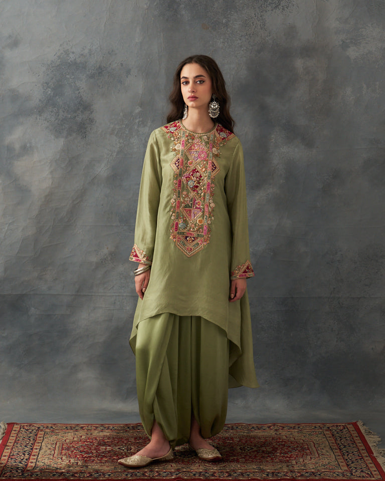 Velvet Patchwork Festive Pret Diamond Shaped Kurta With Draped Skirt