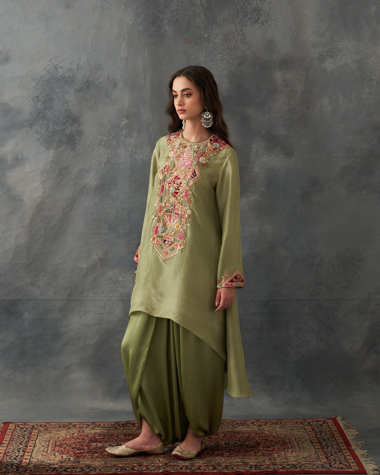 Velvet Patchwork Festive Pret Diamond Shaped Kurta With Draped Skirt
