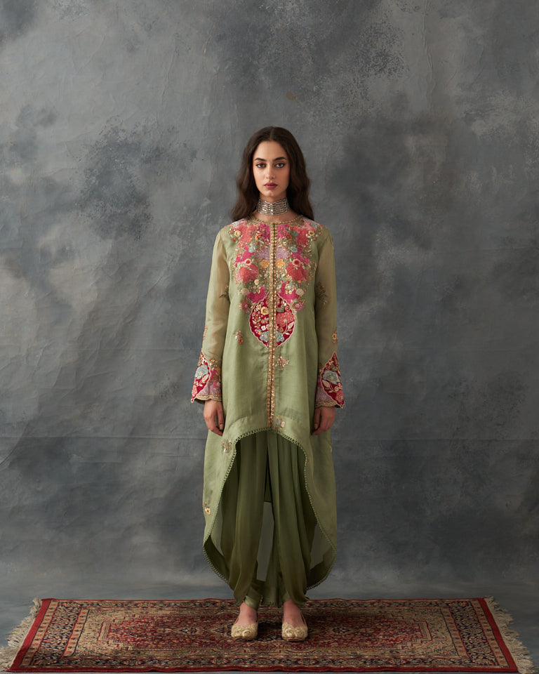 Velvet Patchwork Asymetrical Kurta With Dhoti Pants