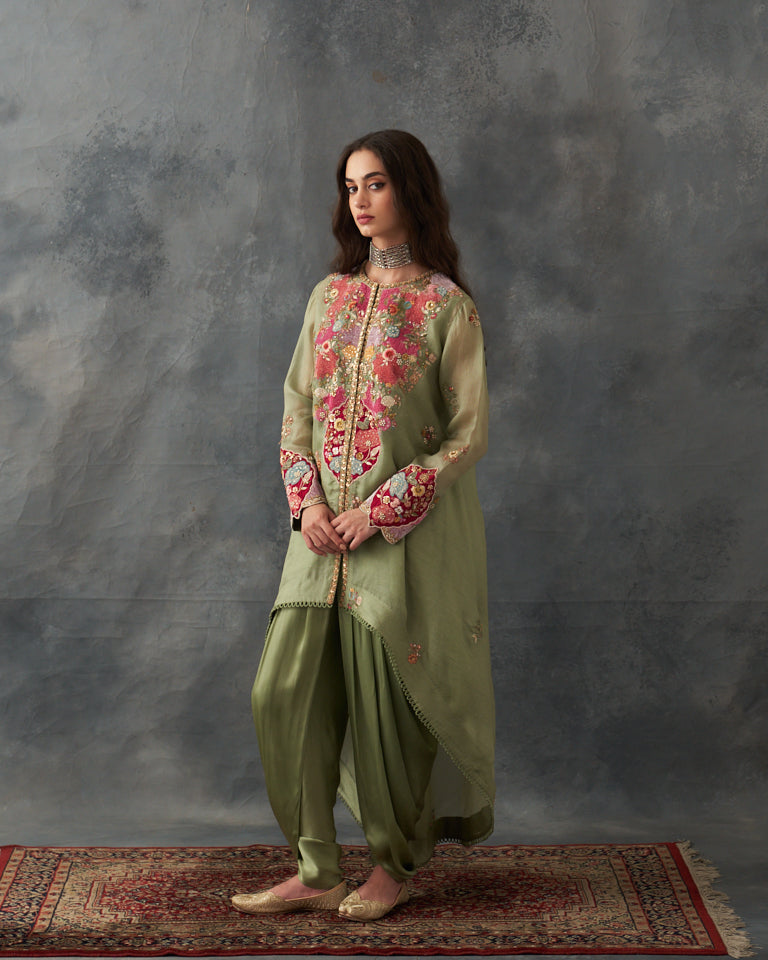 Velvet Patchwork Asymetrical Kurta With Dhoti Pants