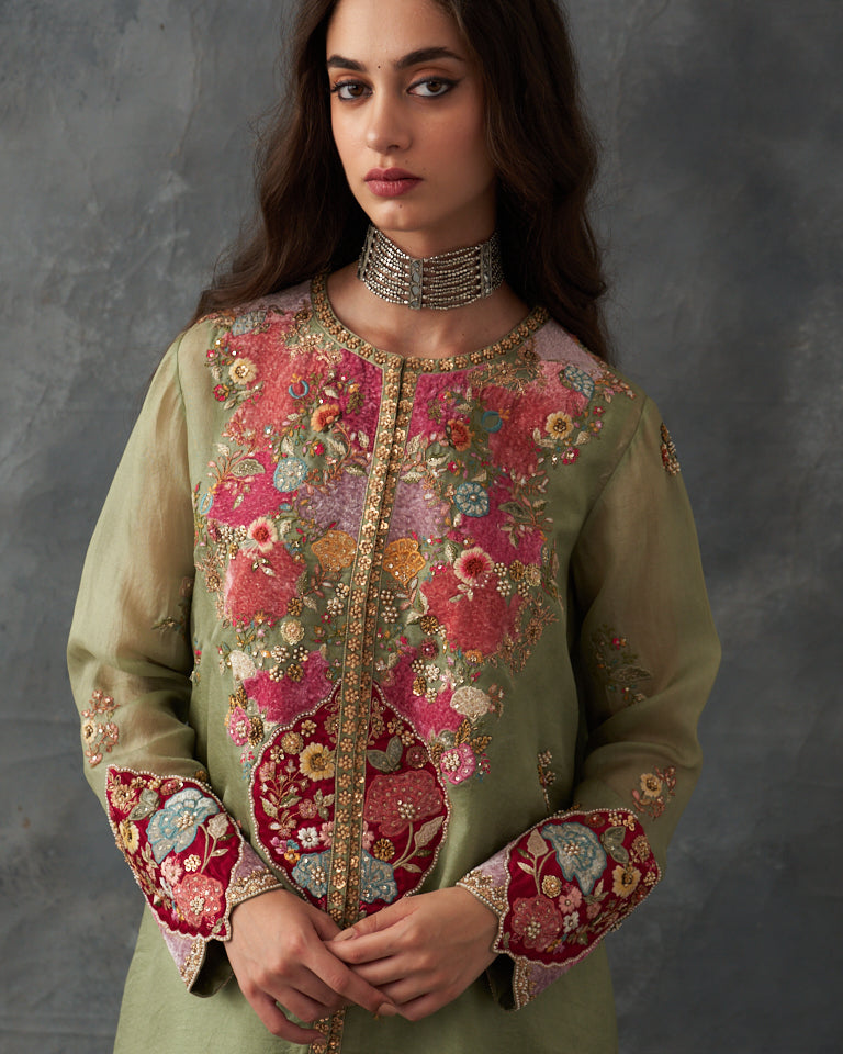 Velvet Patchwork Asymetrical Kurta With Dhoti Pants