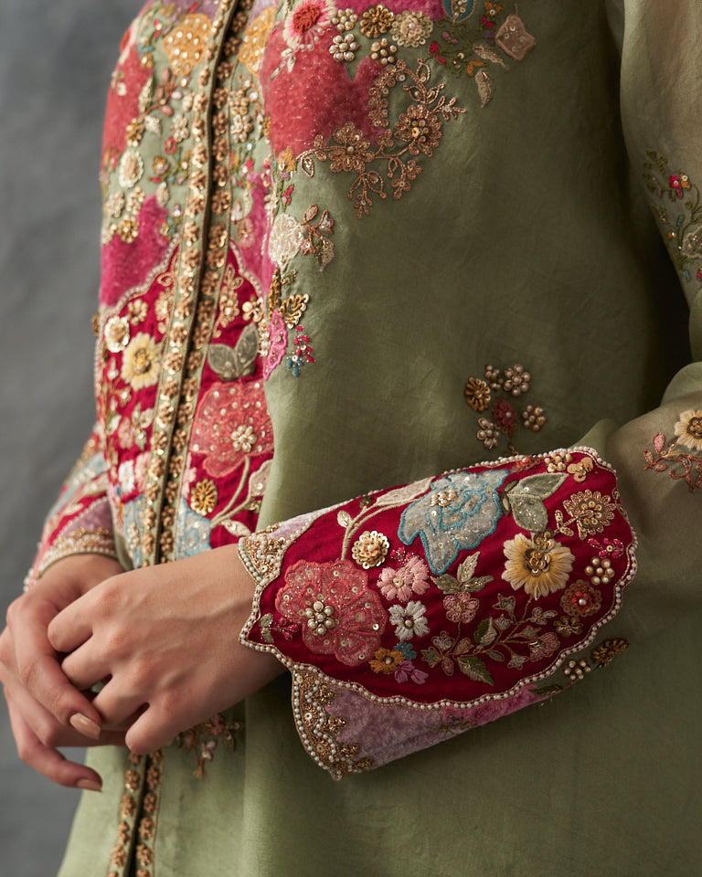 Velvet Patchwork Asymetrical Kurta With Dhoti Pants