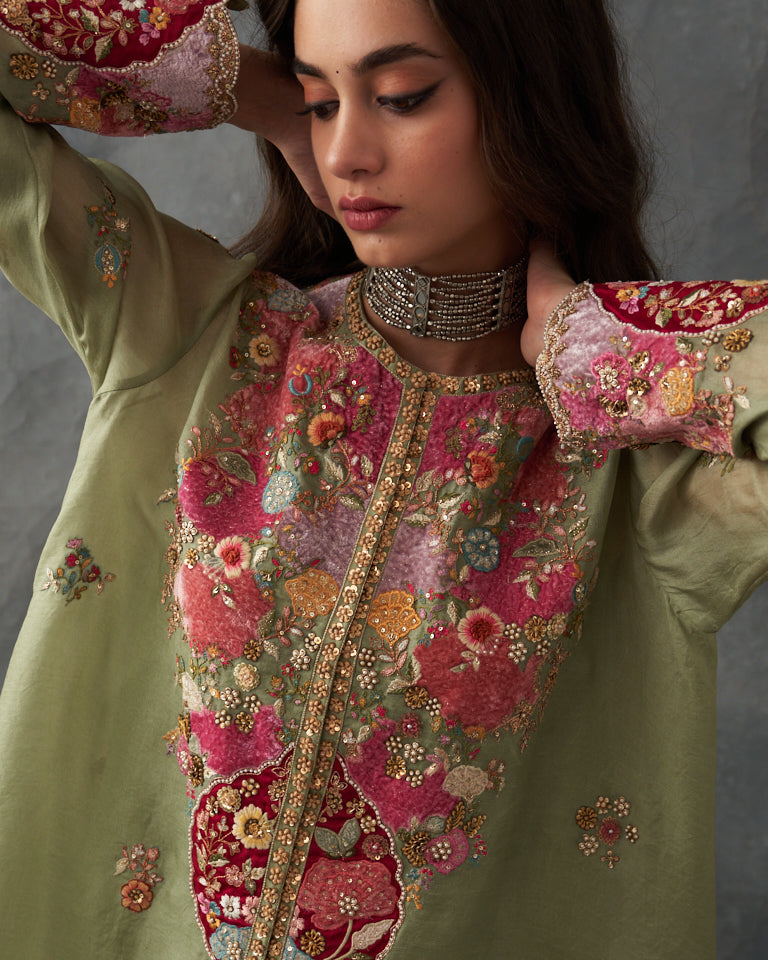 Velvet Patchwork Asymetrical Kurta With Dhoti Pants